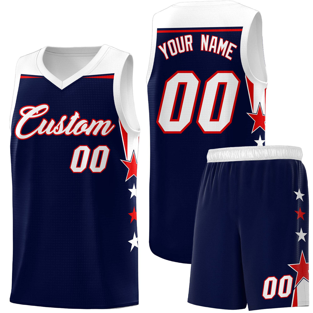 Custom Youth Basketball Uniform Navy White Two Tone Side Star Add Name Number &amp; Logo