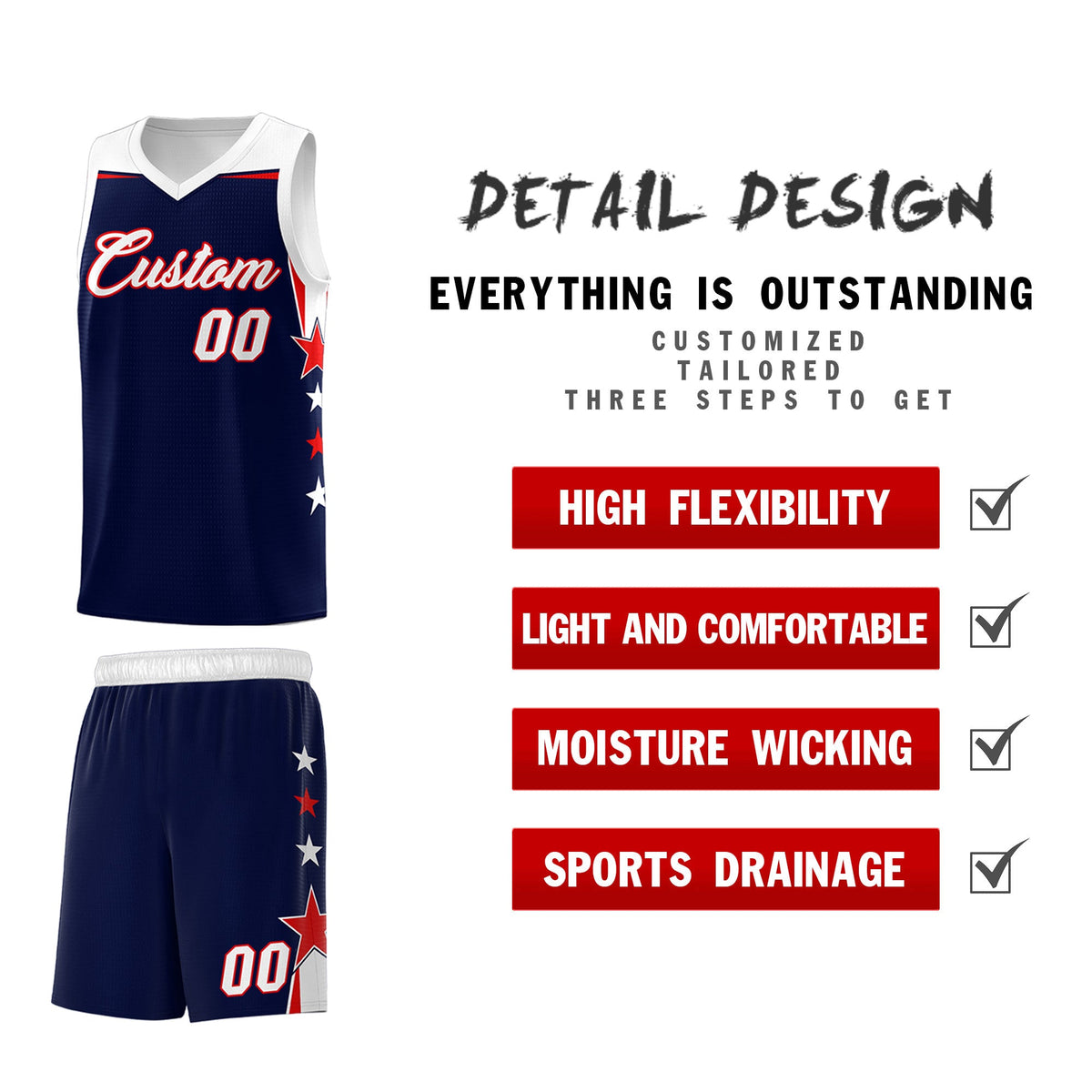 Custom Youth Basketball Uniform Navy White Two Tone Side Star Add Name Number &amp; Logo