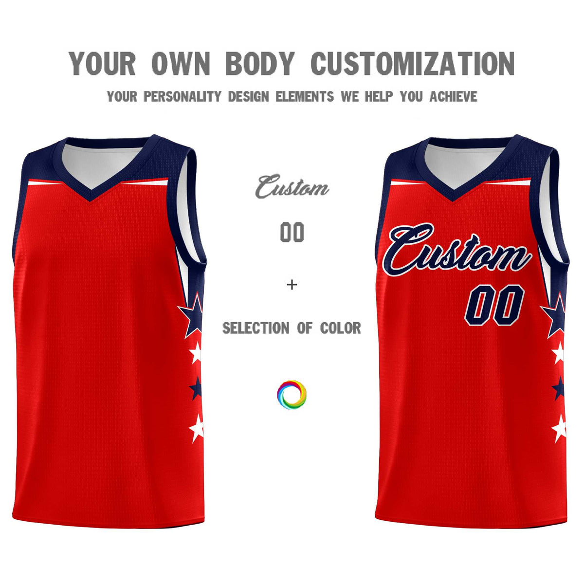 Custom Youth Basketball Uniform Red Navy Two Tone Side Star Personalized Team Jersey