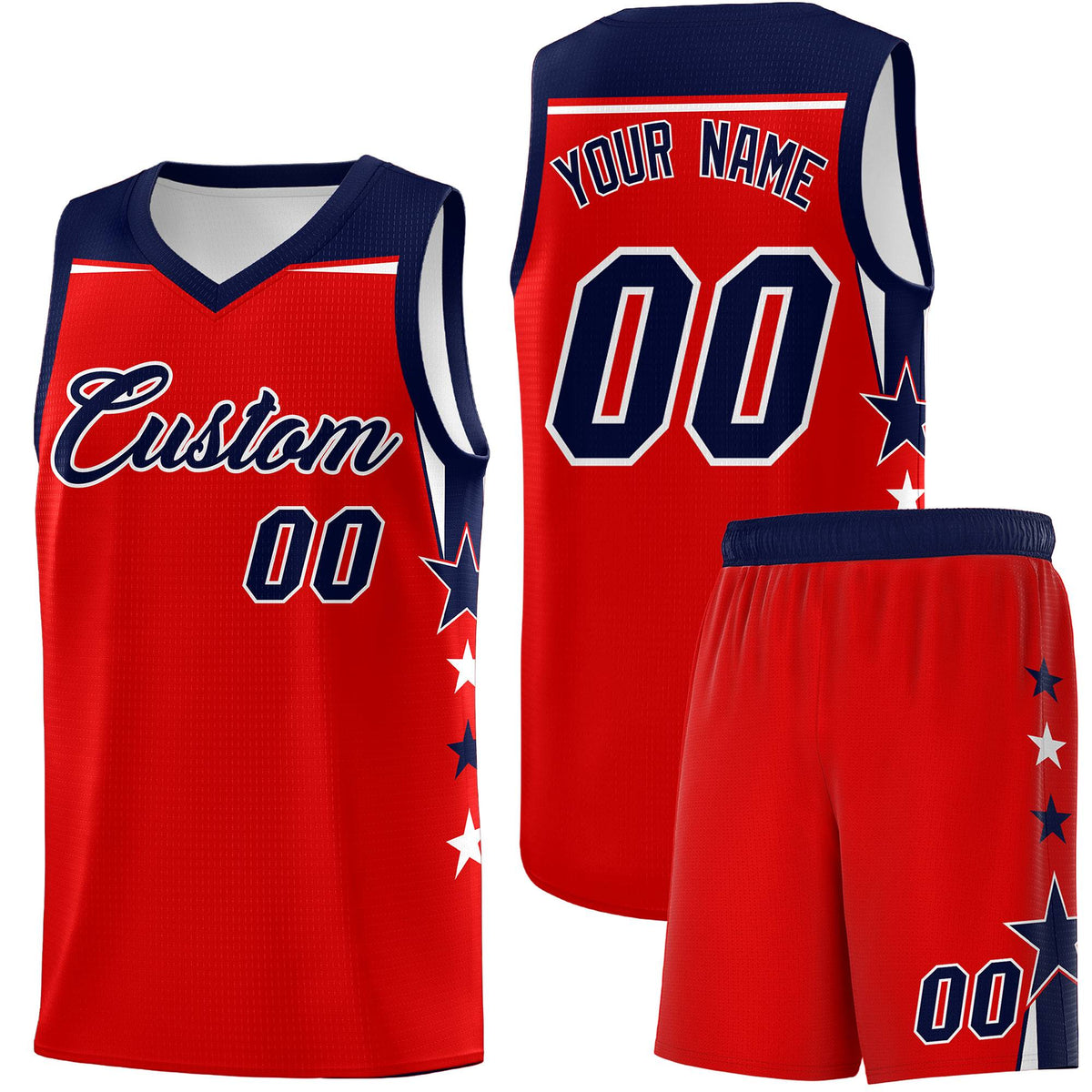 Custom Youth Basketball Uniform Red Navy Two Tone Side Star Personalized Team Jersey