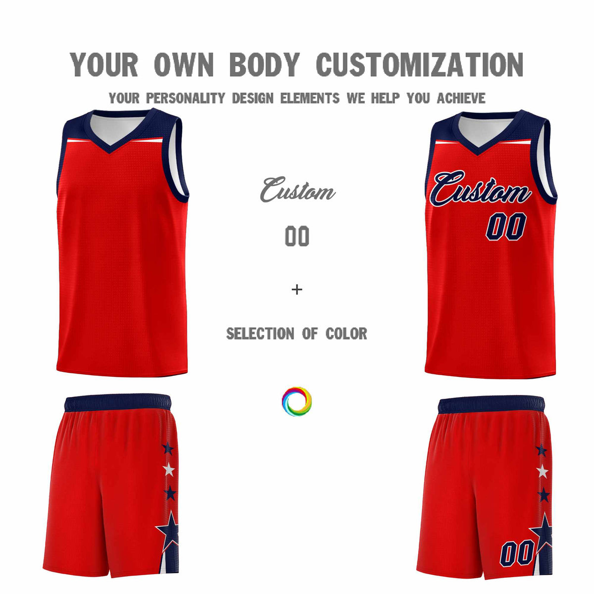 Custom Youth Basketball Uniform Red Navy Two Tone Side Star Personalized Team Jersey