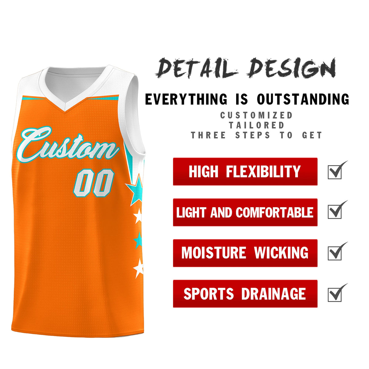 Custom Youth Basketball Uniform Orange White Two Tone Side Star Add Name Number &amp; Logo