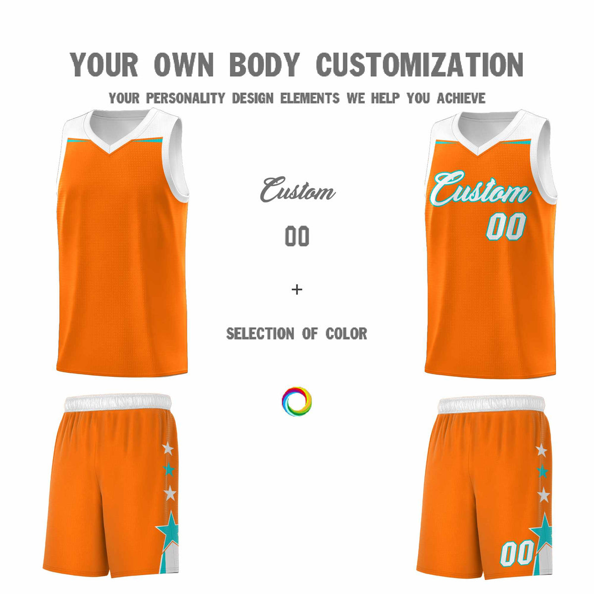 Custom Youth Basketball Uniform Orange White Two Tone Side Star Add Name Number &amp; Logo