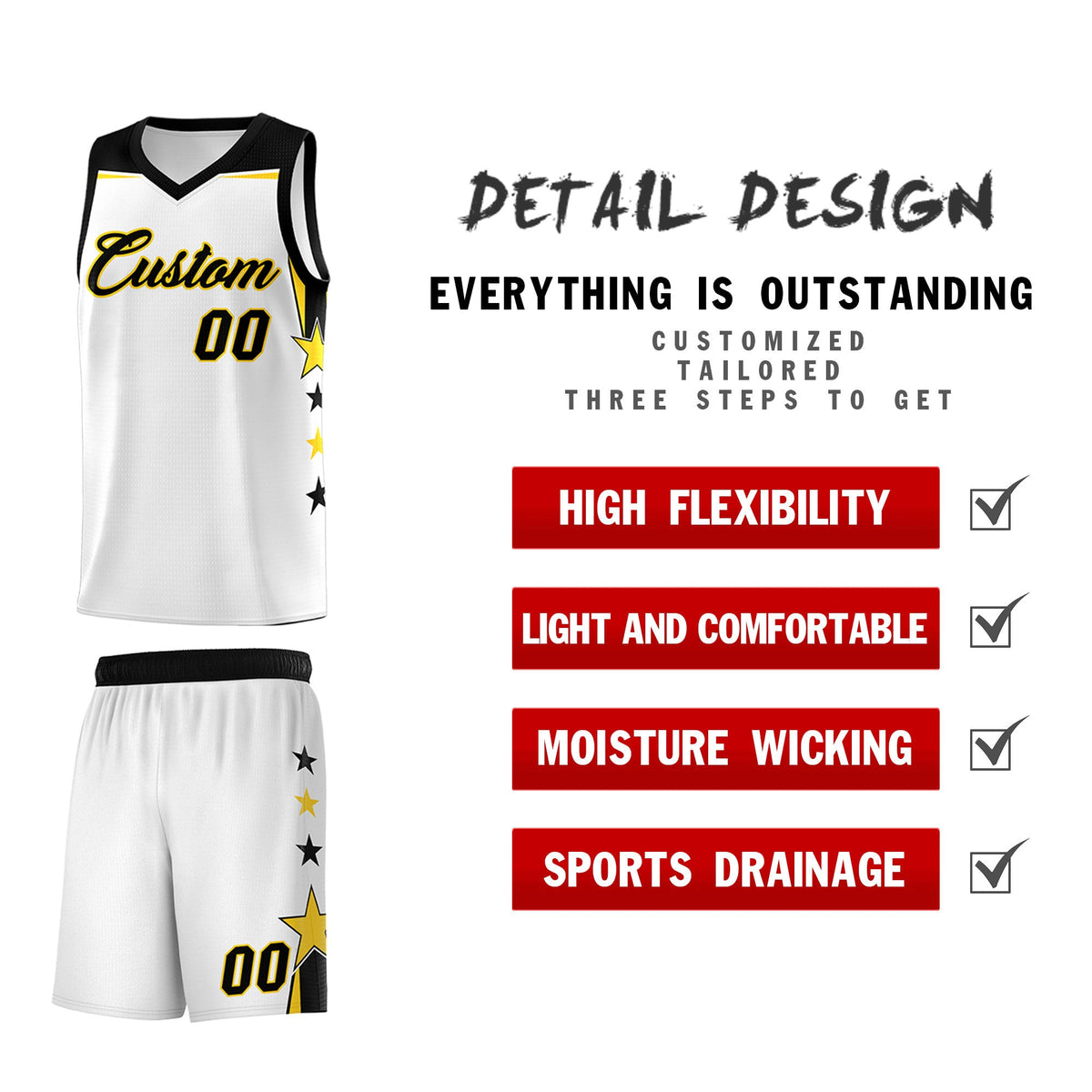 Custom Youth Basketball Uniform White Black Two Tone Side Star Color Block Team Jersey