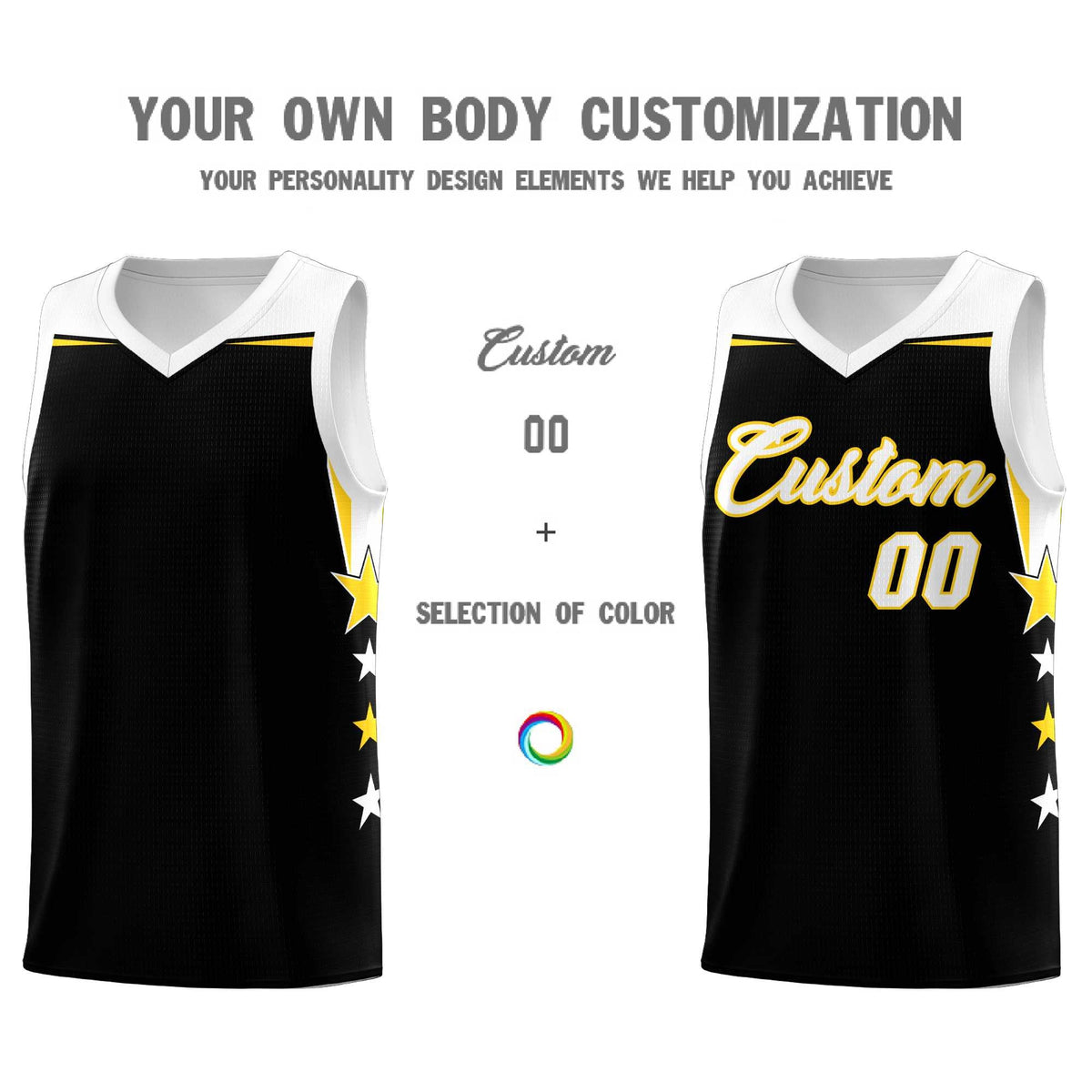 Custom Youth Basketball Uniform Black White Two Tone Side Star Add Name Number &amp; Logo