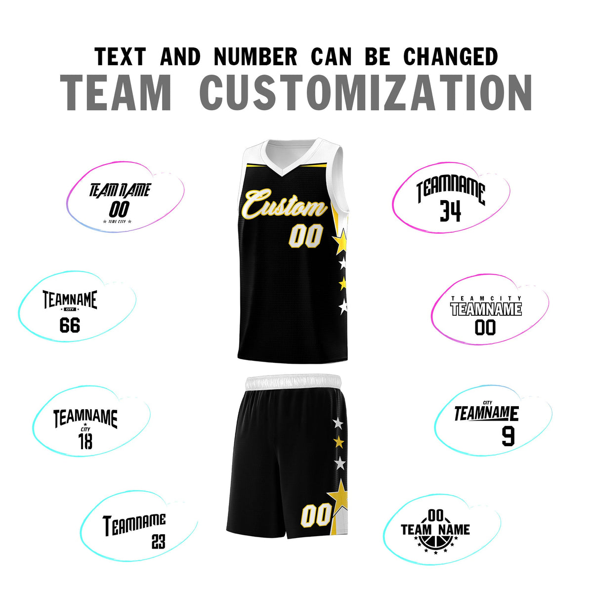 Custom Youth Basketball Uniform Black White Two Tone Side Star Add Name Number &amp; Logo