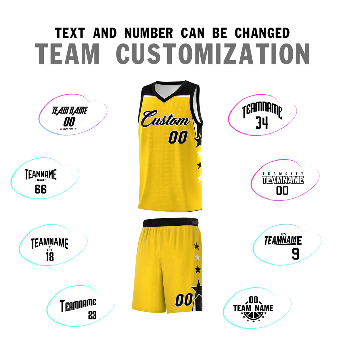 Custom Youth Basketball Uniform Gold Black Two Tone Side Star Personalized Team Jersey