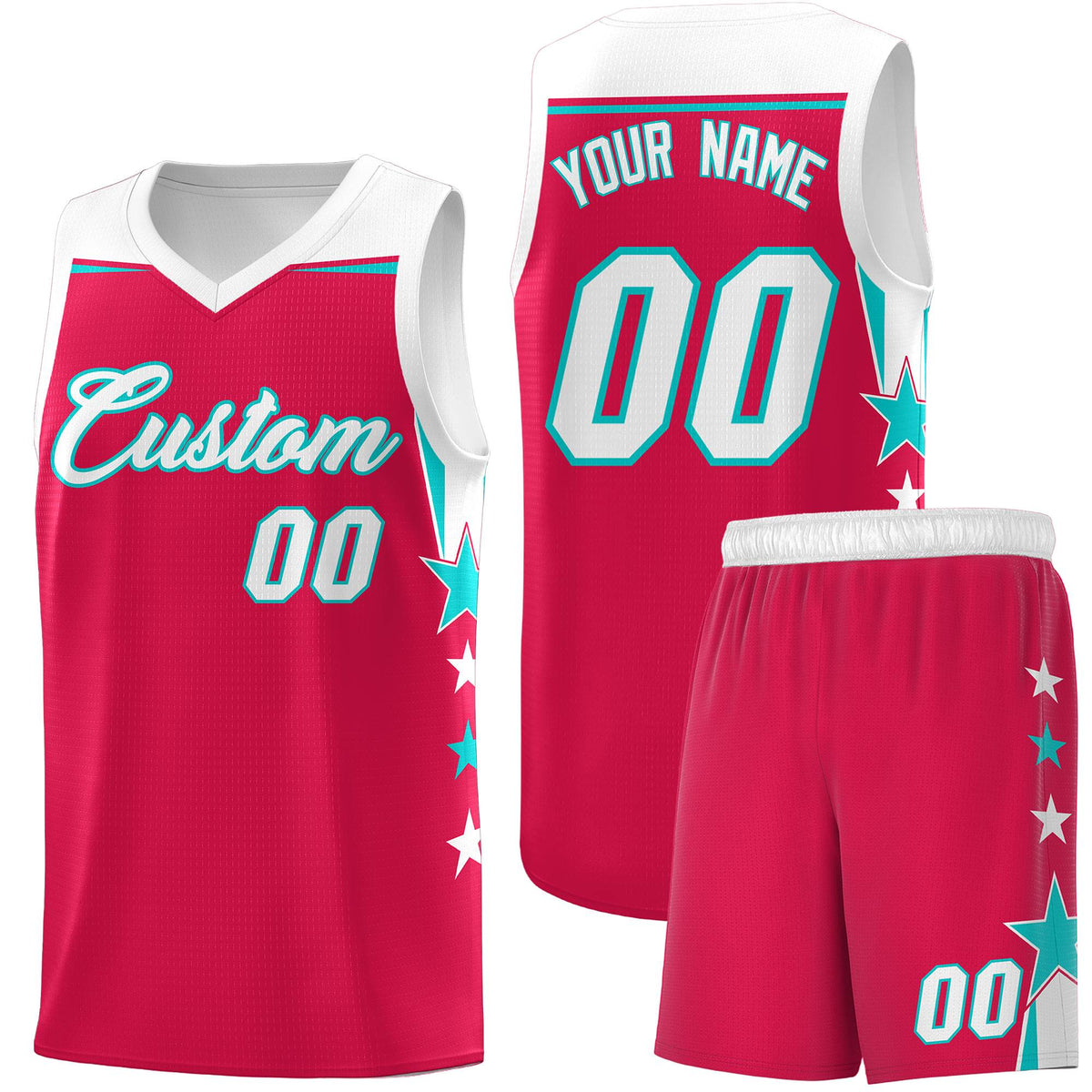 Custom Youth Basketball Uniform Red White Two Tone Side Star Add Name Number &amp; Logo