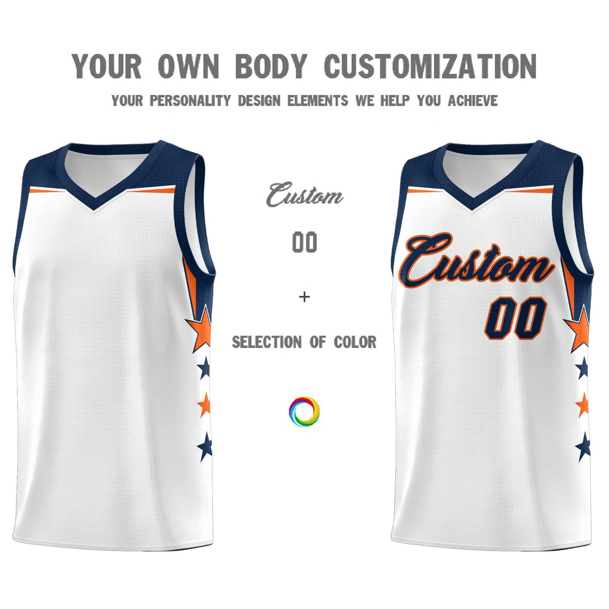 Custom Youth Basketball Uniform White Navy Two Tone Side Star Color Block Team Jersey