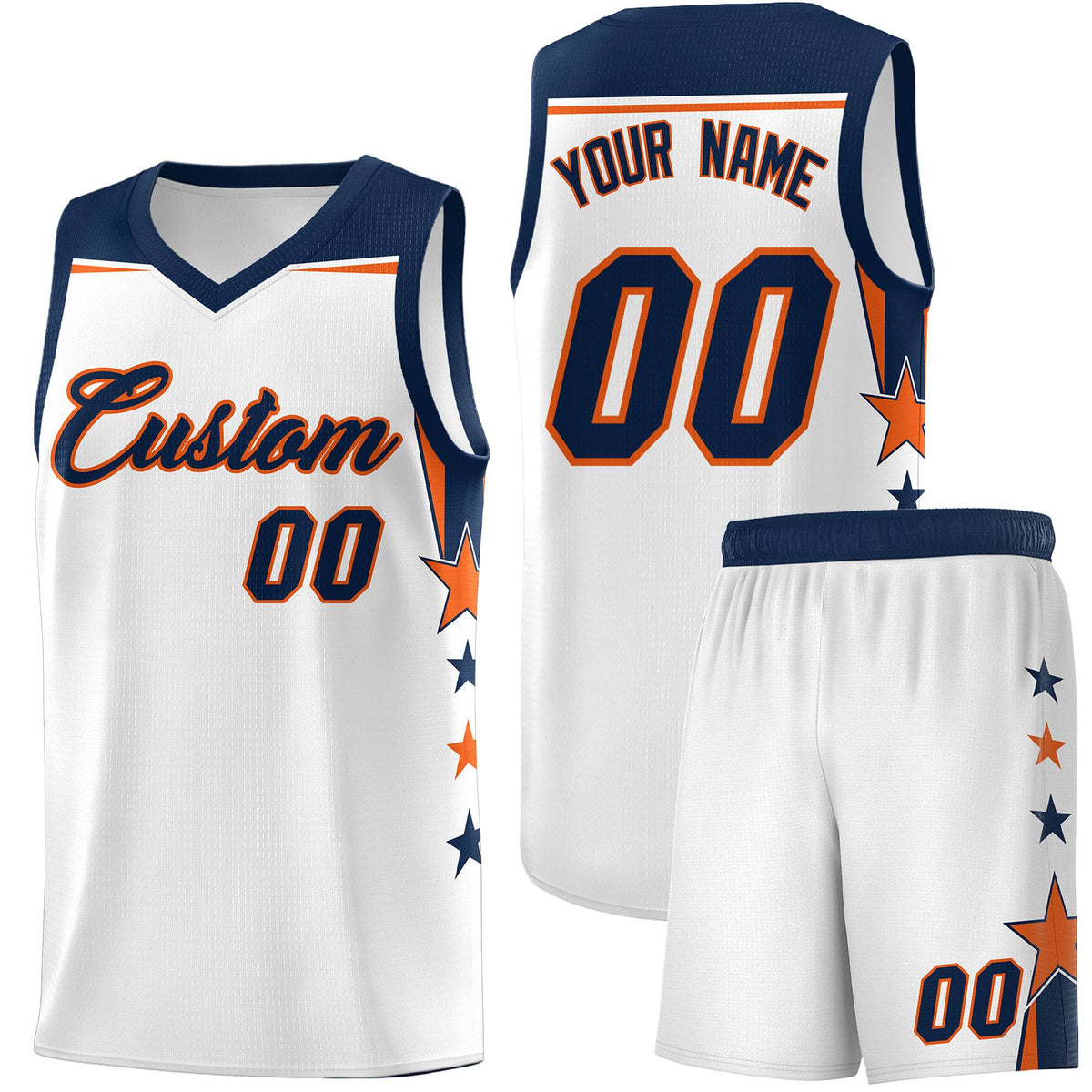 Custom Youth Basketball Uniform White Navy Two Tone Side Star Color Block Team Jersey