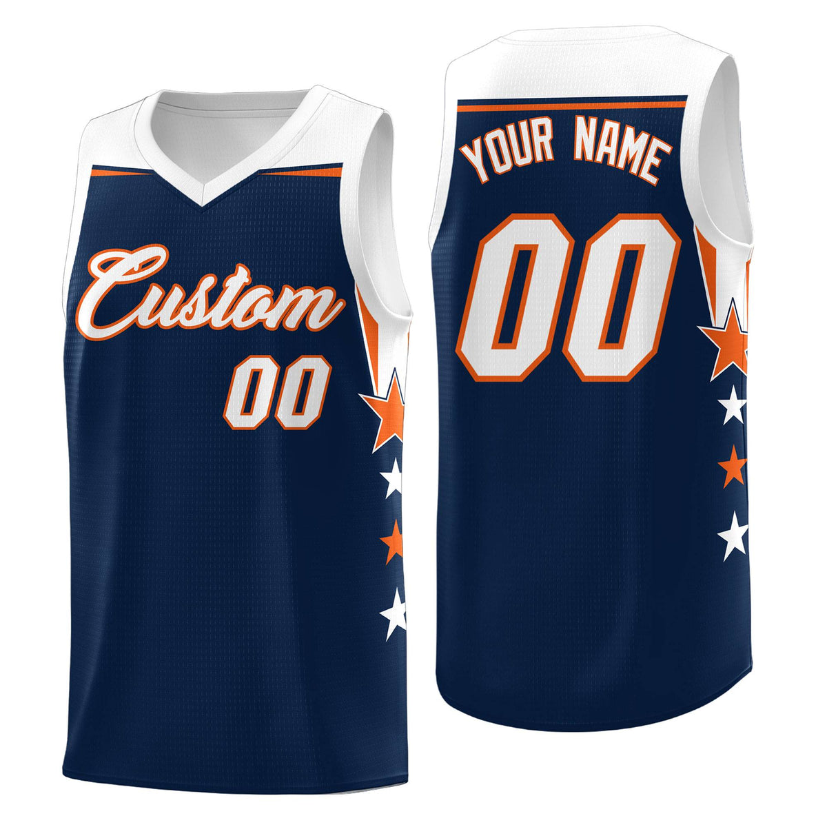 Custom Youth Basketball Uniform Navy White Two Tone Side Star Add Name Number &amp; Logo