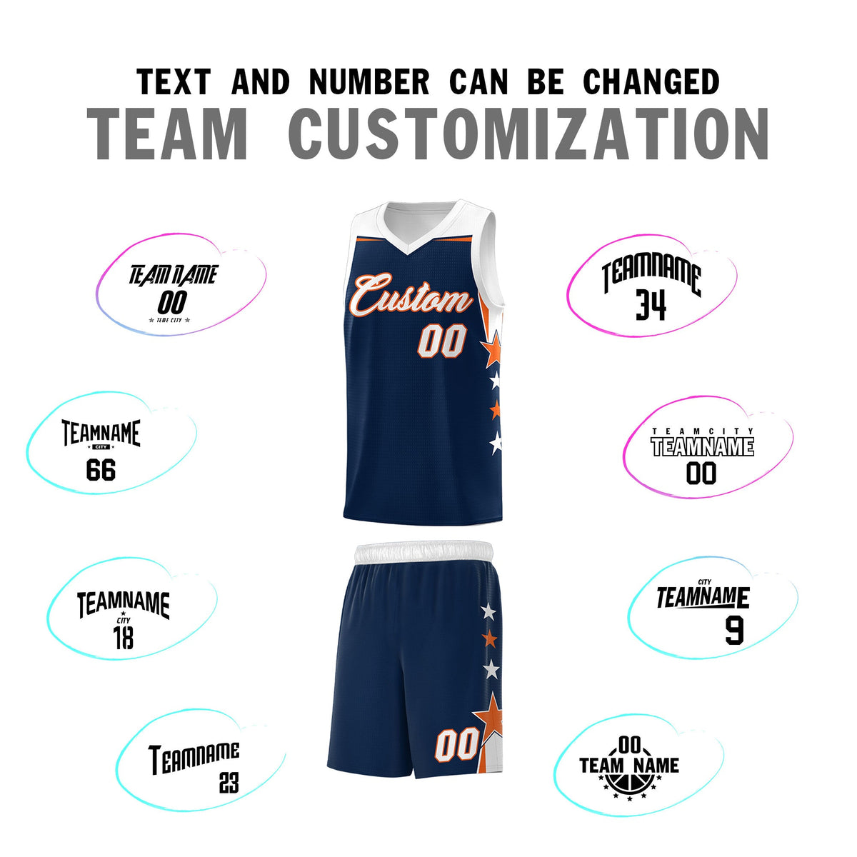 Custom Youth Basketball Uniform Navy White Two Tone Side Star Add Name Number &amp; Logo