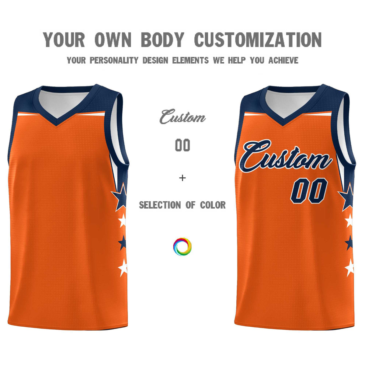 Custom Youth Basketball Uniform Orange Navy Two Tone Side Star Personalized Team Jersey