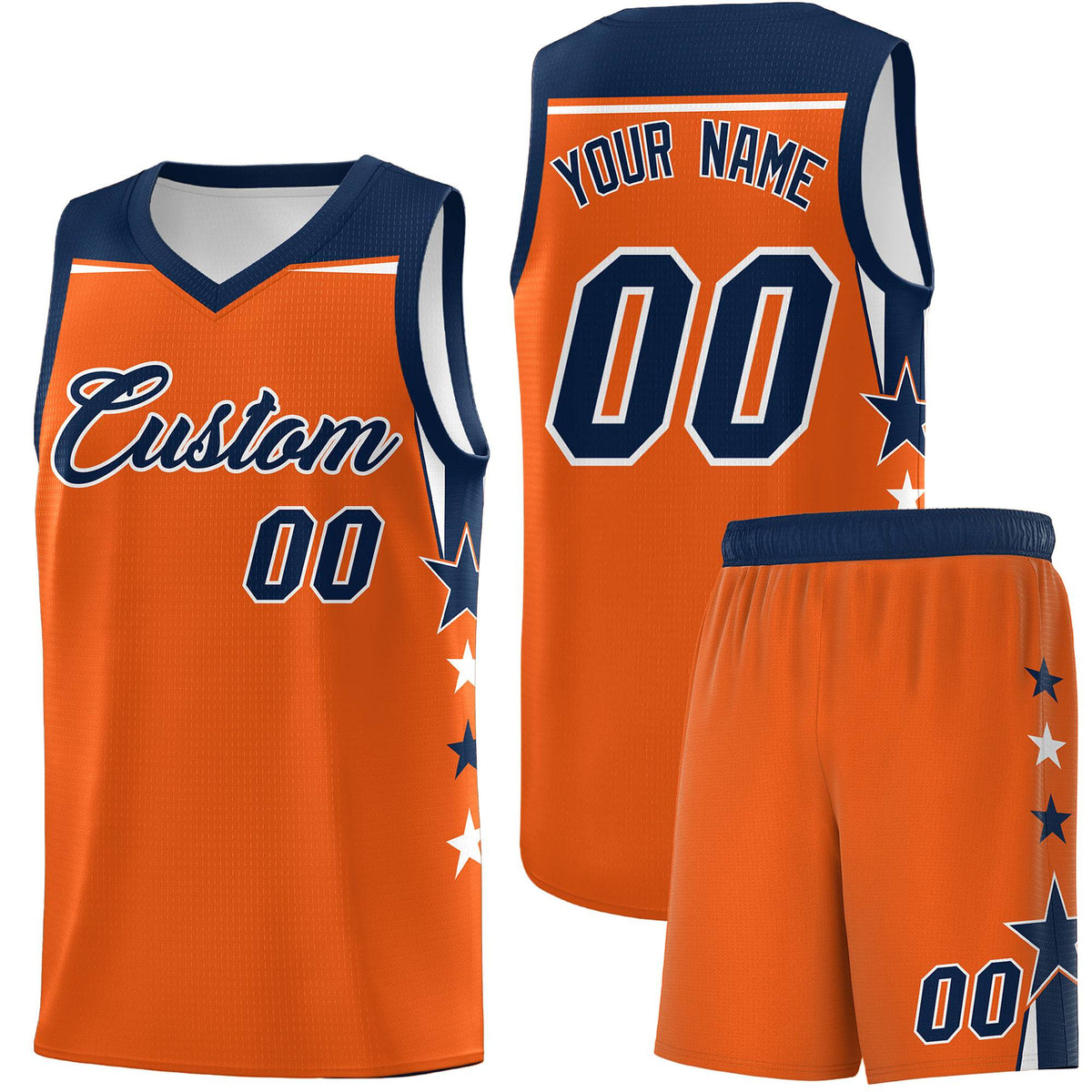 Custom Youth Basketball Uniform Orange Navy Two Tone Side Star Personalized Team Jersey