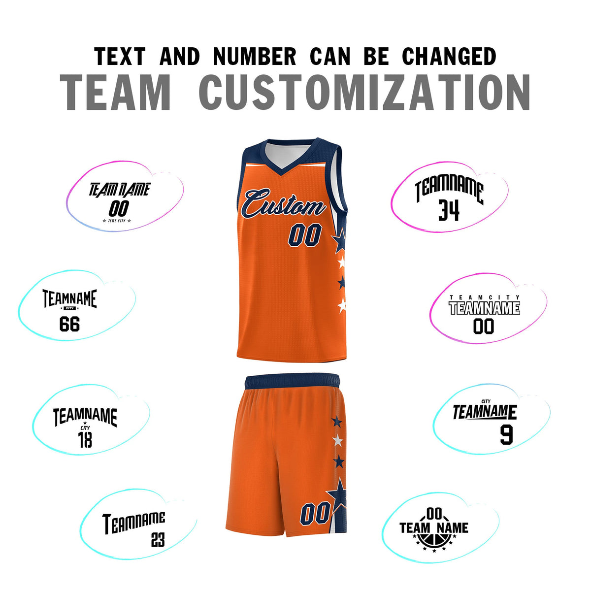 Custom Youth Basketball Uniform Orange Navy Two Tone Side Star Personalized Team Jersey