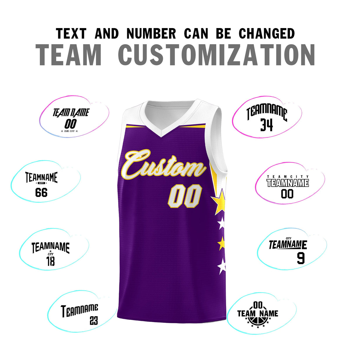 Custom Youth Basketball Uniform Purple White Two Tone Side Star Add Name Number &amp; Logo