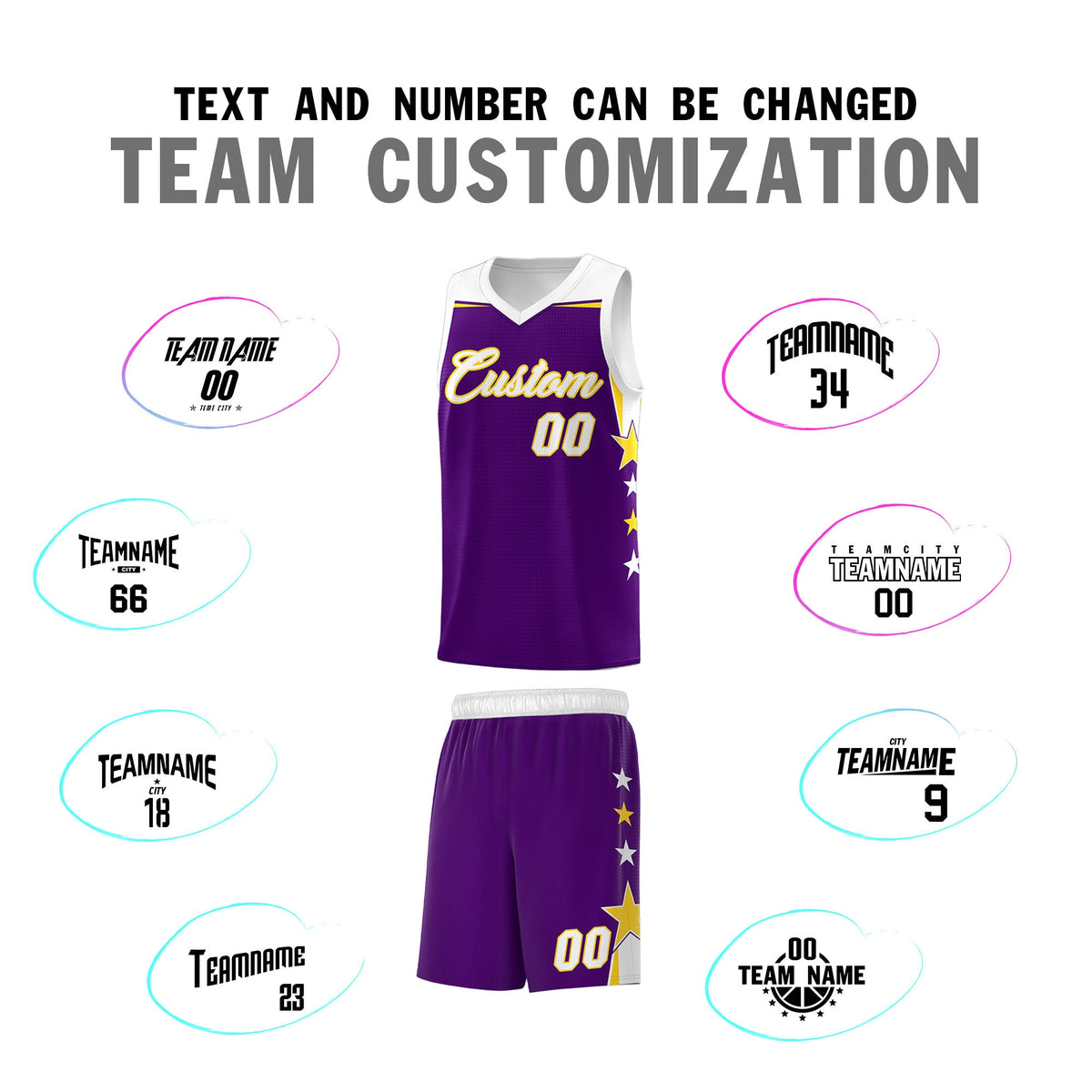 Custom Youth Basketball Uniform Purple White Two Tone Side Star Add Name Number &amp; Logo