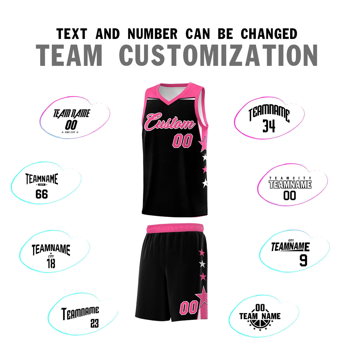 Custom Youth Basketball Uniform Black Pink Two Tone Side Star Personalized Team Jersey