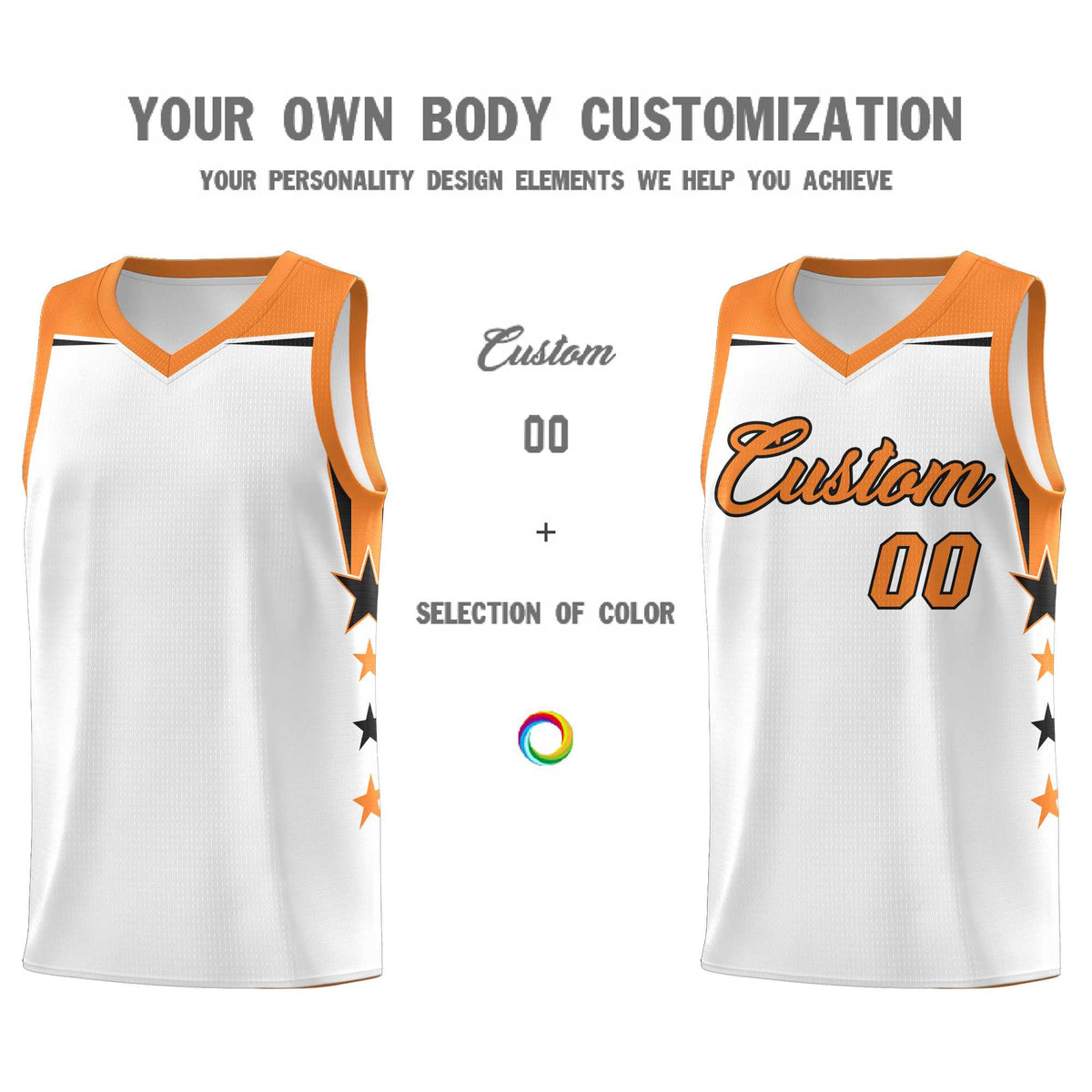 Custom Youth Basketball Uniform White Gold Orange Two Tone Side Star Color Block Team Jersey
