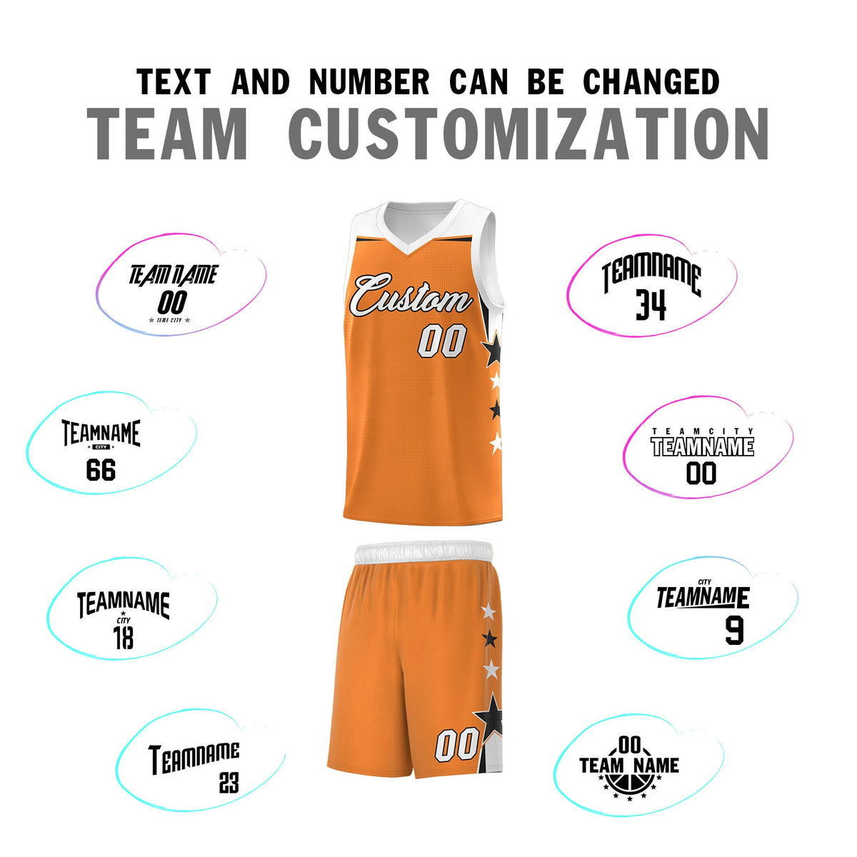 Custom Youth Basketball Uniform Gold Orange White Two Tone Side Star Add Name Number &amp; Logo