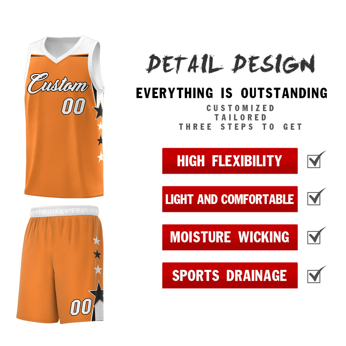 Custom Youth Basketball Uniform Gold Orange White Two Tone Side Star Add Name Number &amp; Logo