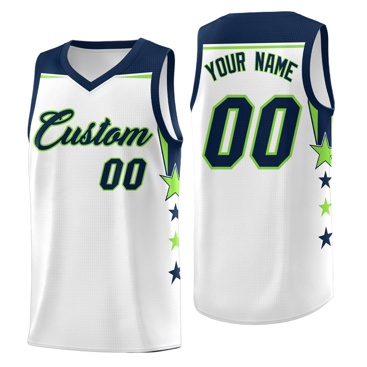 Custom Youth Basketball Uniform White Navy Two Tone Side Star Color Block Team Jersey