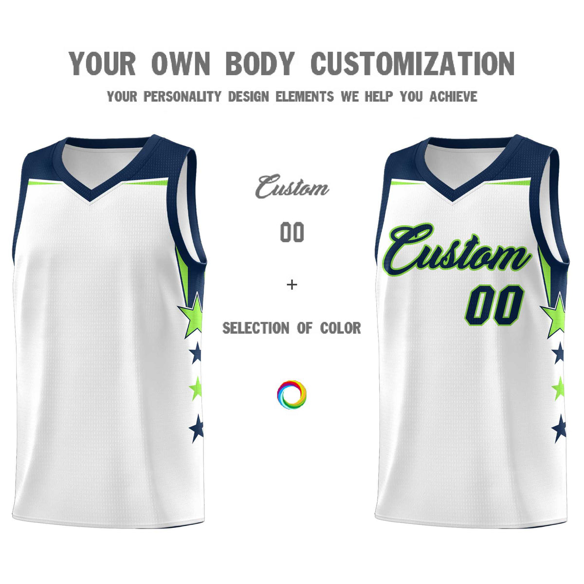 Custom Youth Basketball Uniform White Navy Two Tone Side Star Color Block Team Jersey