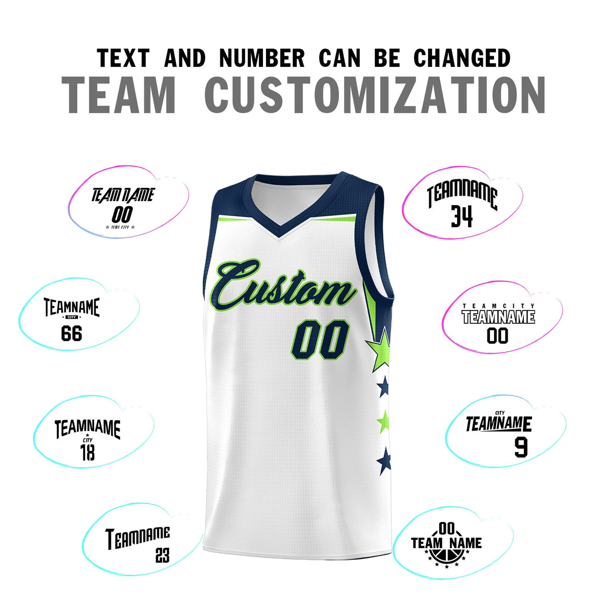 Custom Youth Basketball Uniform White Navy Two Tone Side Star Color Block Team Jersey