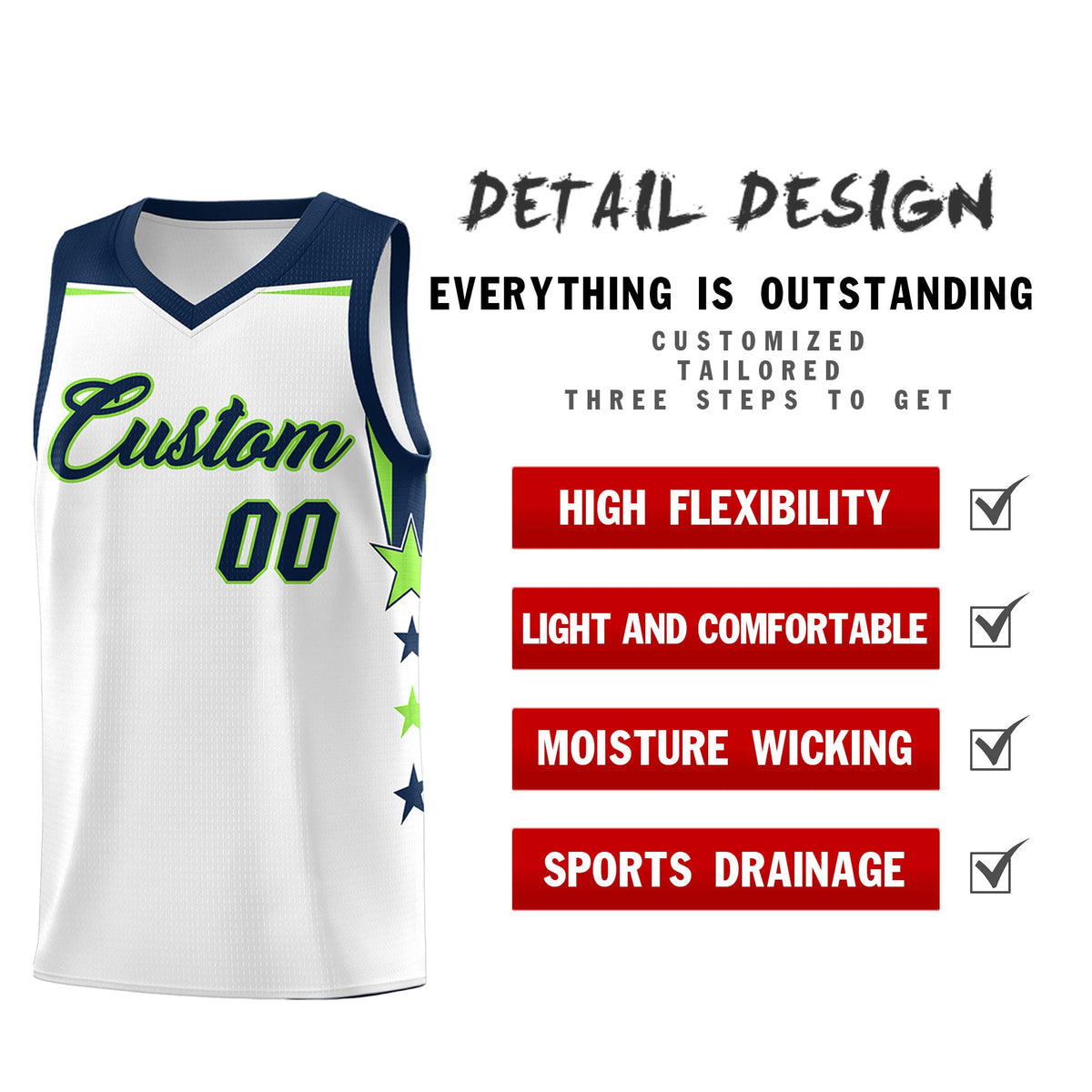 Custom Youth Basketball Uniform White Navy Two Tone Side Star Color Block Team Jersey