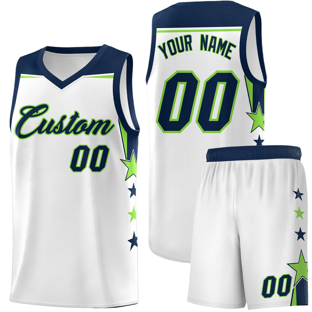 Custom Youth Basketball Uniform White Navy Two Tone Side Star Color Block Team Jersey