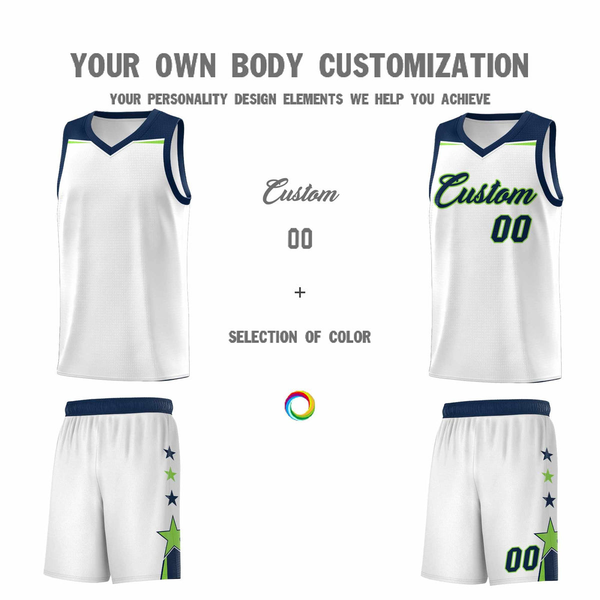 Custom Youth Basketball Uniform White Navy Two Tone Side Star Color Block Team Jersey
