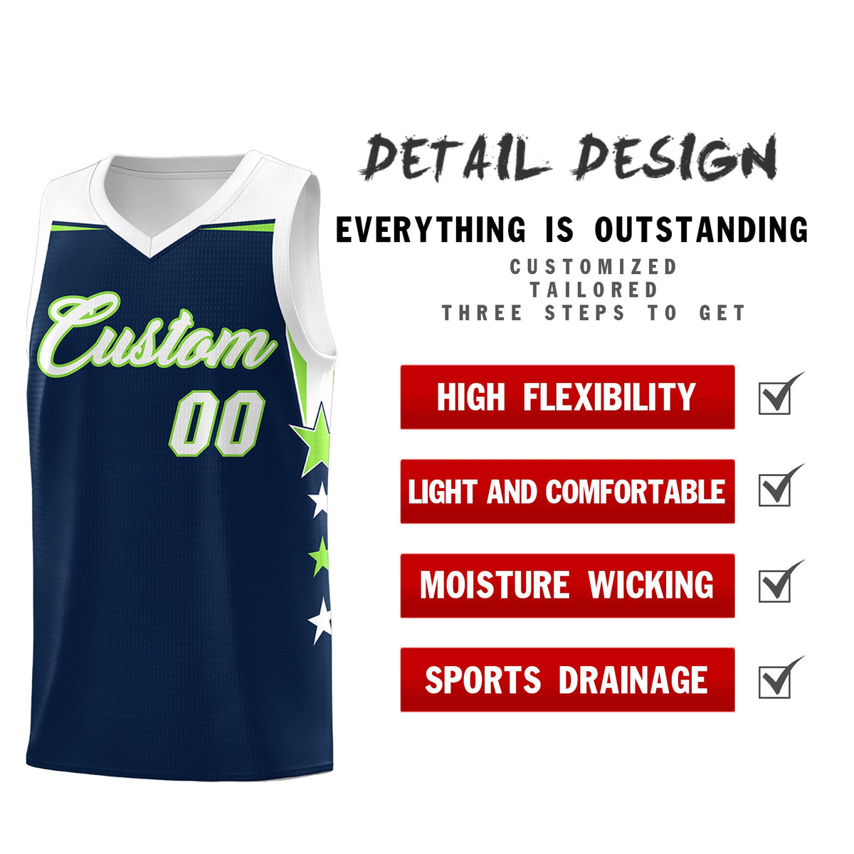 Custom Youth Basketball Uniform Navy White Two Tone Side Star Add Name Number &amp; Logo
