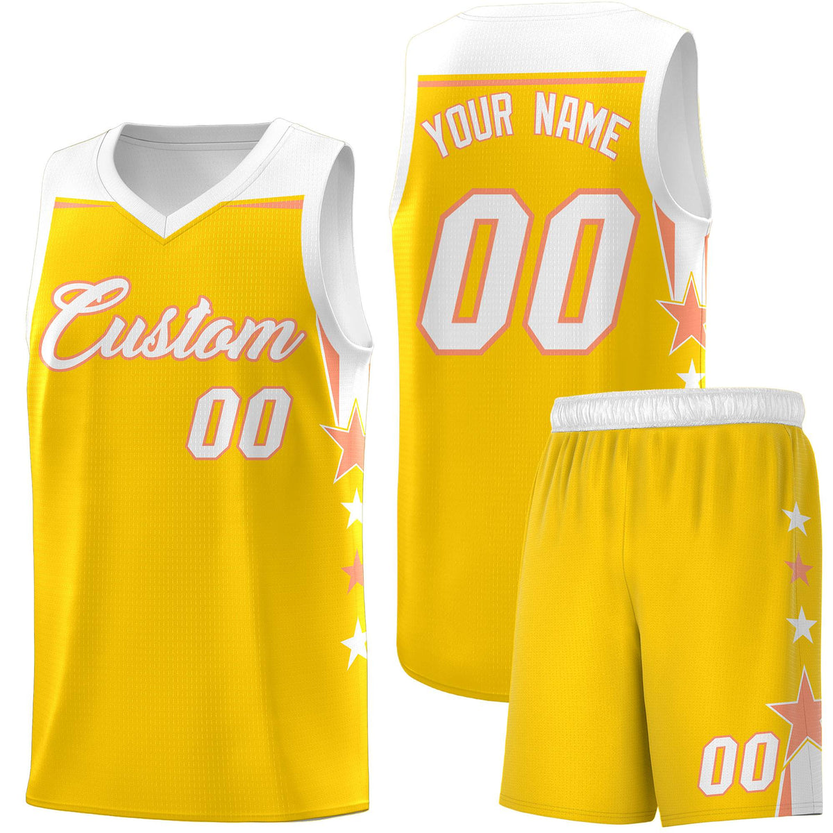 Custom Youth Basketball Uniform Gold White Two Tone Side Star Color Block Team Jersey