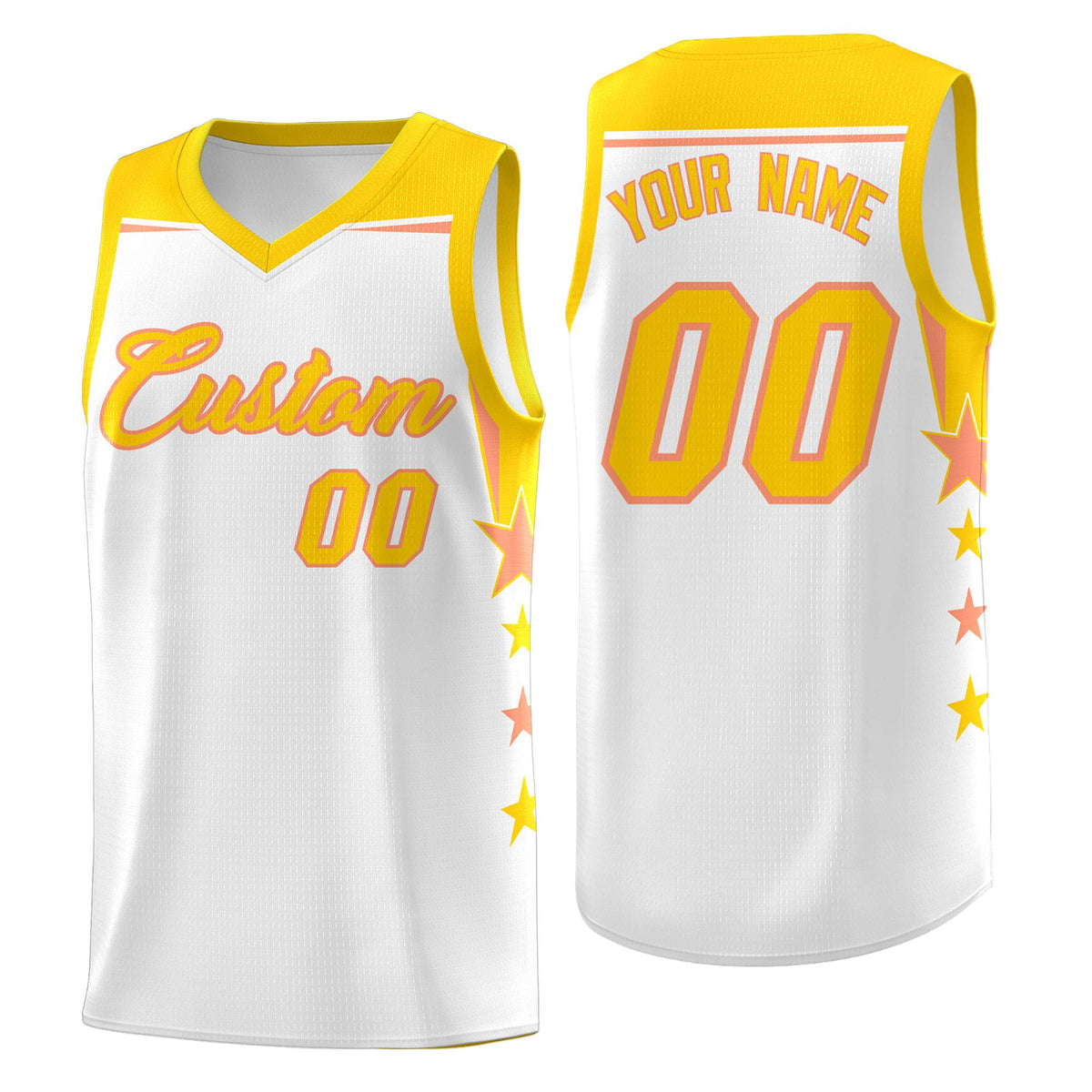 Custom Youth Basketball Uniform White Gold Two Tone Side Star Add Name Number &amp; Logo