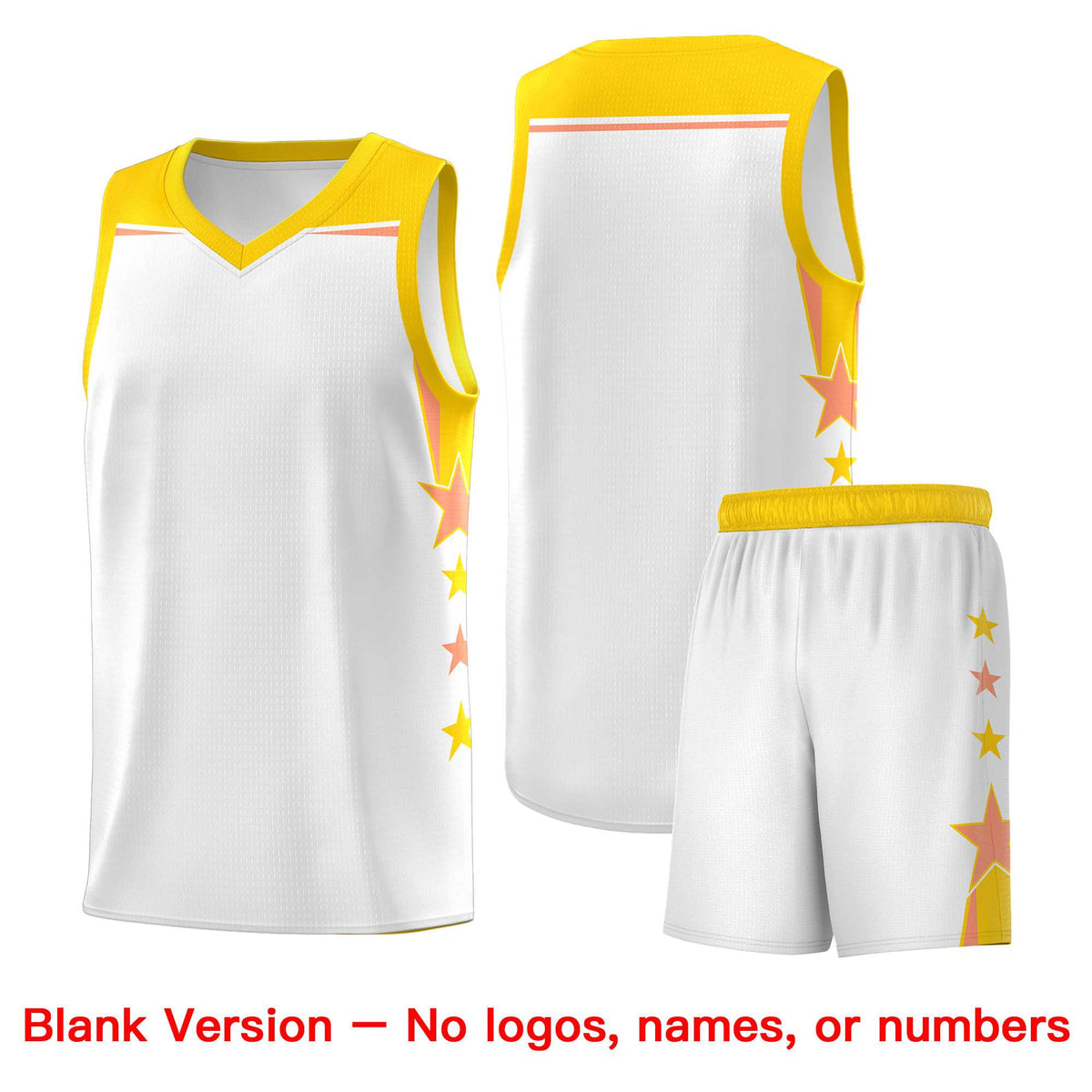 Custom Youth Basketball Uniform White Gold Two Tone Side Star Add Name Number &amp; Logo
