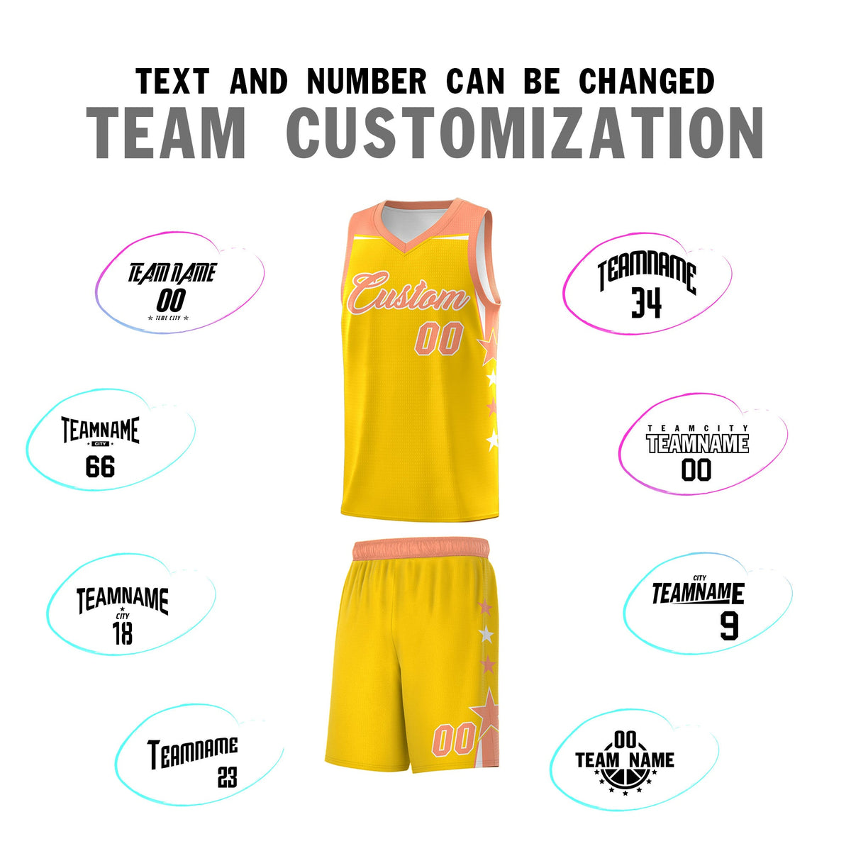 Custom Youth Basketball Uniform Gold Light Orange Two Tone Side Star Color Block Team Jersey