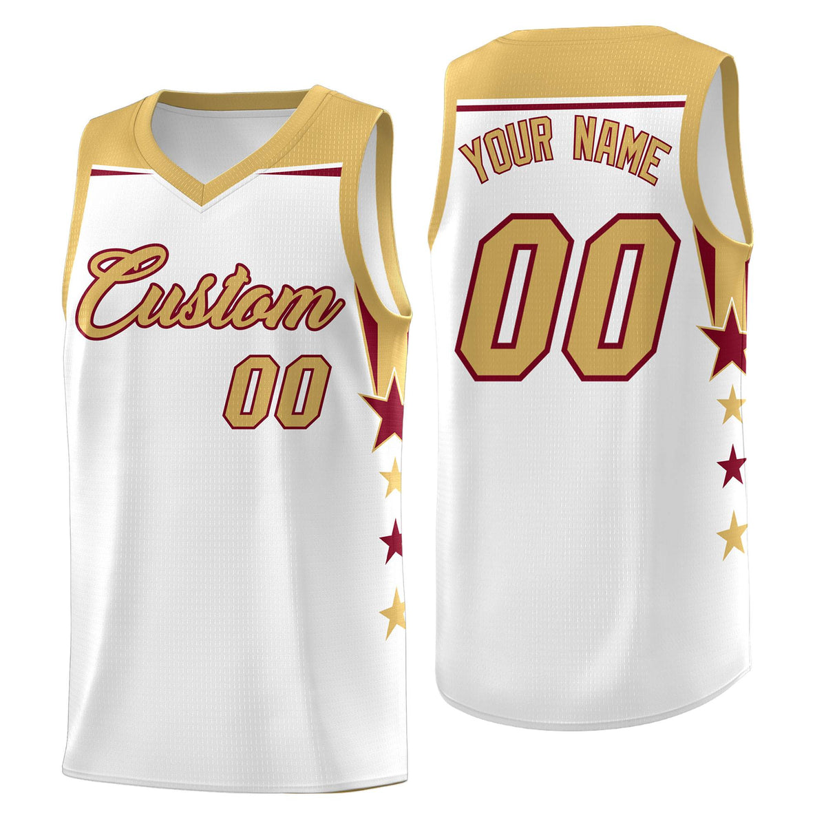 Custom Youth Basketball Uniform White Old Gold Two Tone Side Star Add Name Number &amp; Logo