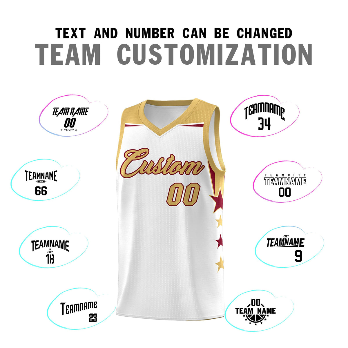 Custom Youth Basketball Uniform White Old Gold Two Tone Side Star Add Name Number &amp; Logo