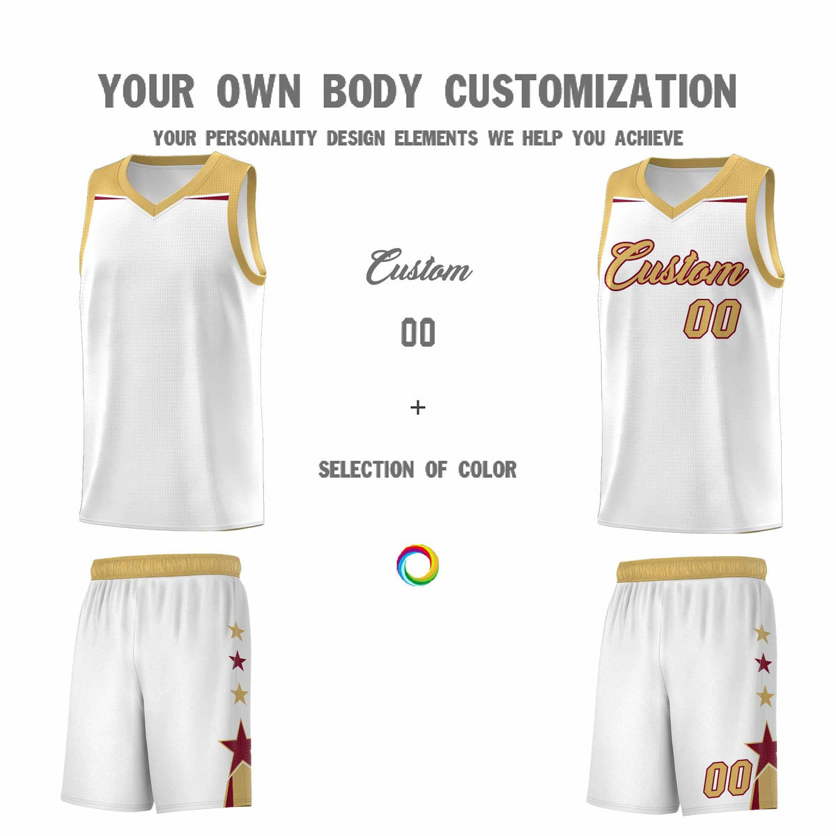 Custom Youth Basketball Uniform White Old Gold Two Tone Side Star Add Name Number &amp; Logo