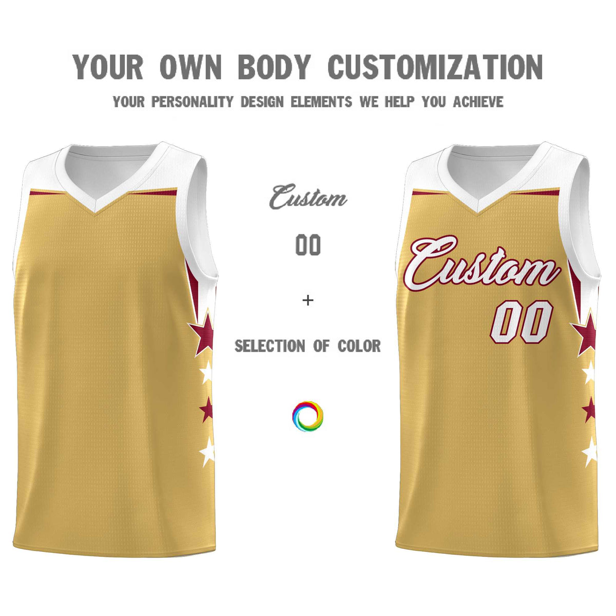 Custom Youth Basketball Uniform Old Gold White Two Tone Side Star Personalized Team Jersey