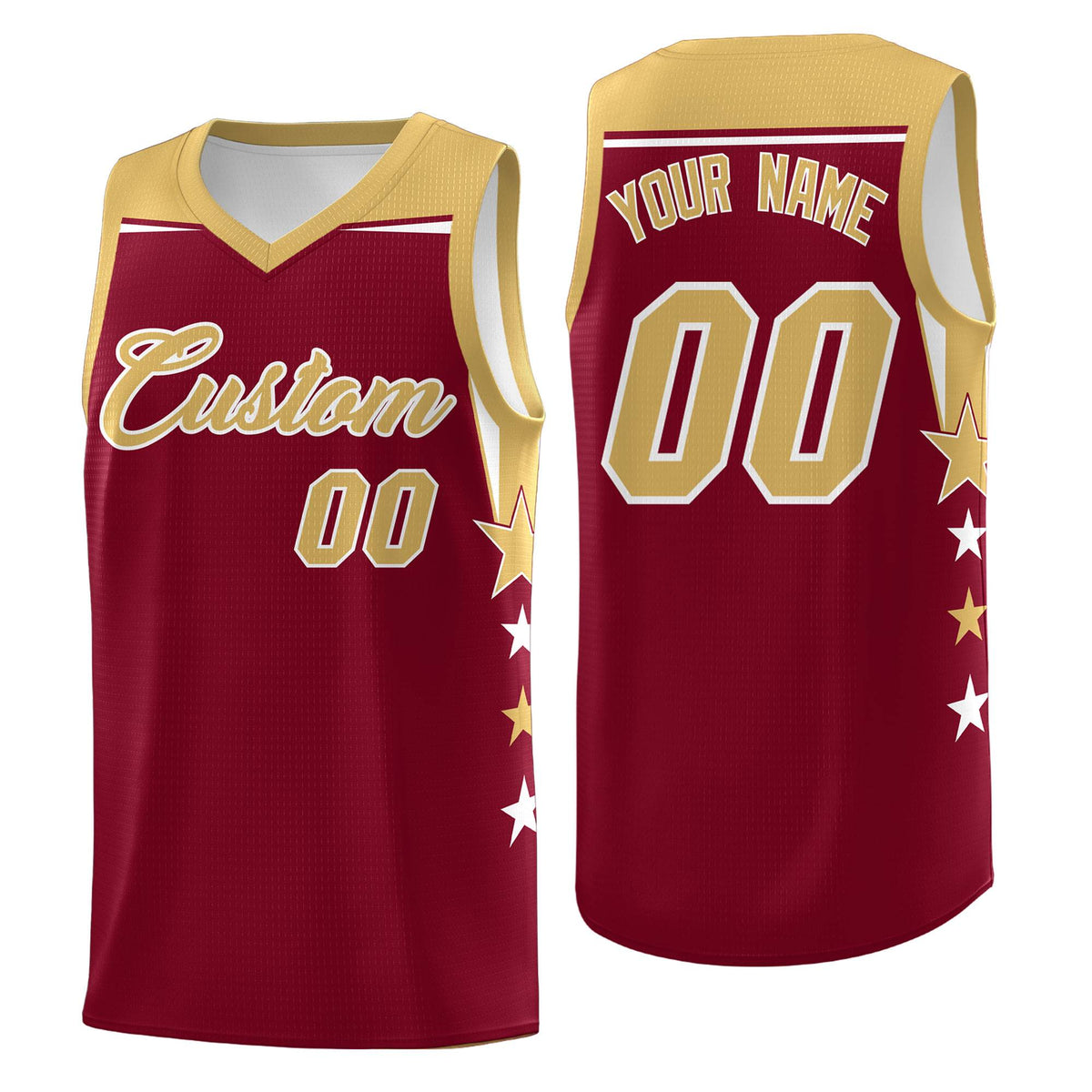 Custom Youth Basketball Uniform Crimson Old Gold Two Tone Side Star Color Block Team Jersey