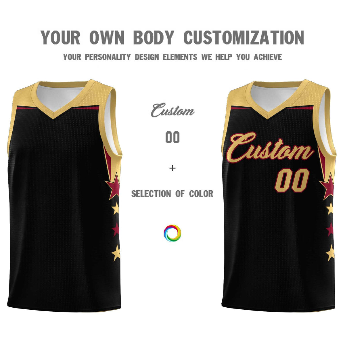 Custom Youth Basketball Uniform Black Old Gold Two Tone Side Star Add Name Number &amp; Logo
