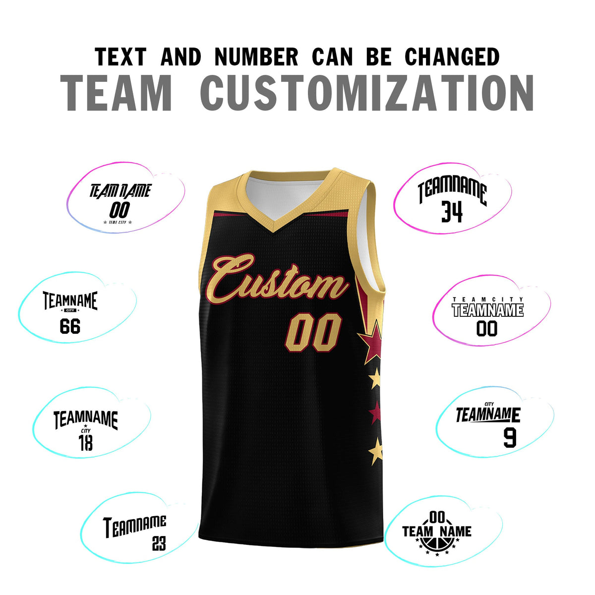 Custom Youth Basketball Uniform Black Old Gold Two Tone Side Star Add Name Number &amp; Logo