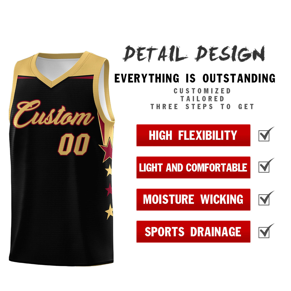 Custom Youth Basketball Uniform Black Old Gold Two Tone Side Star Add Name Number &amp; Logo