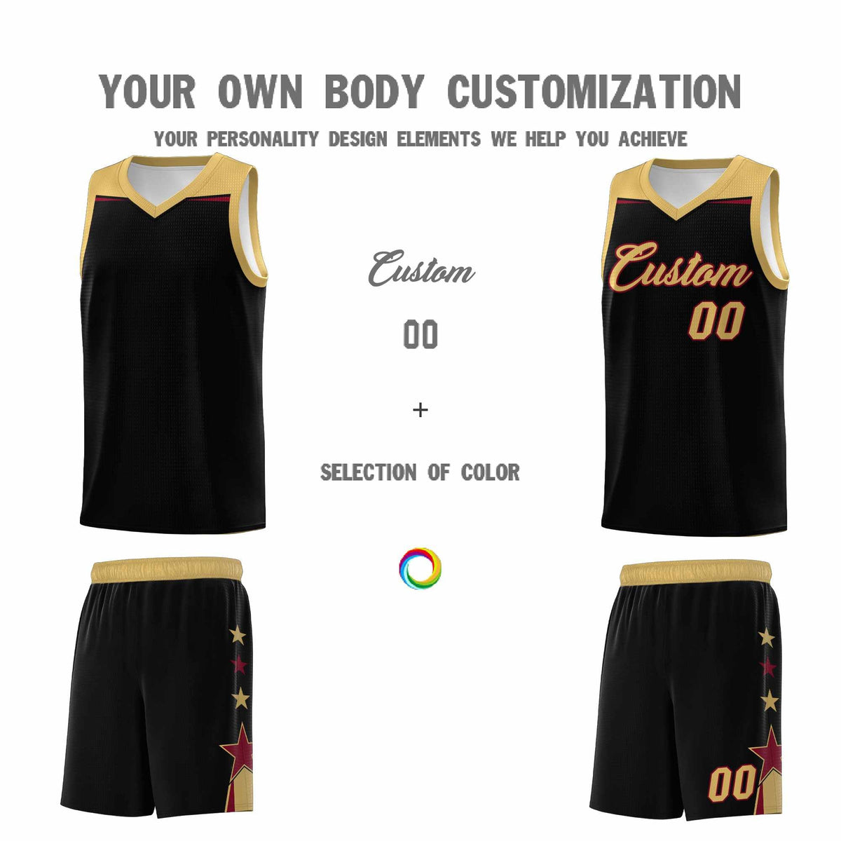 Custom Youth Basketball Uniform Black Old Gold Two Tone Side Star Add Name Number &amp; Logo