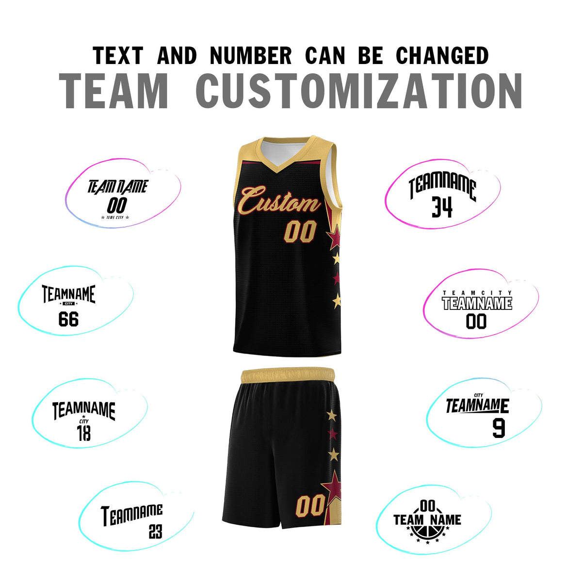 Custom Youth Basketball Uniform Black Old Gold Two Tone Side Star Add Name Number &amp; Logo