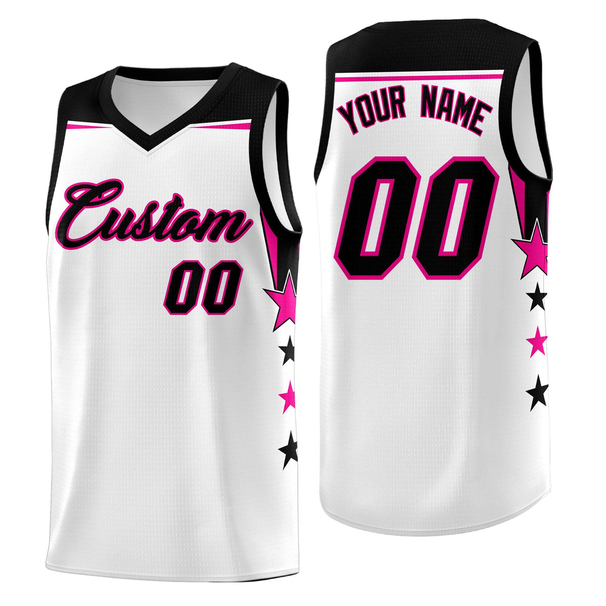 Custom Youth Basketball Uniform White Black Two Tone Side Star Add Name Number &amp; Logo