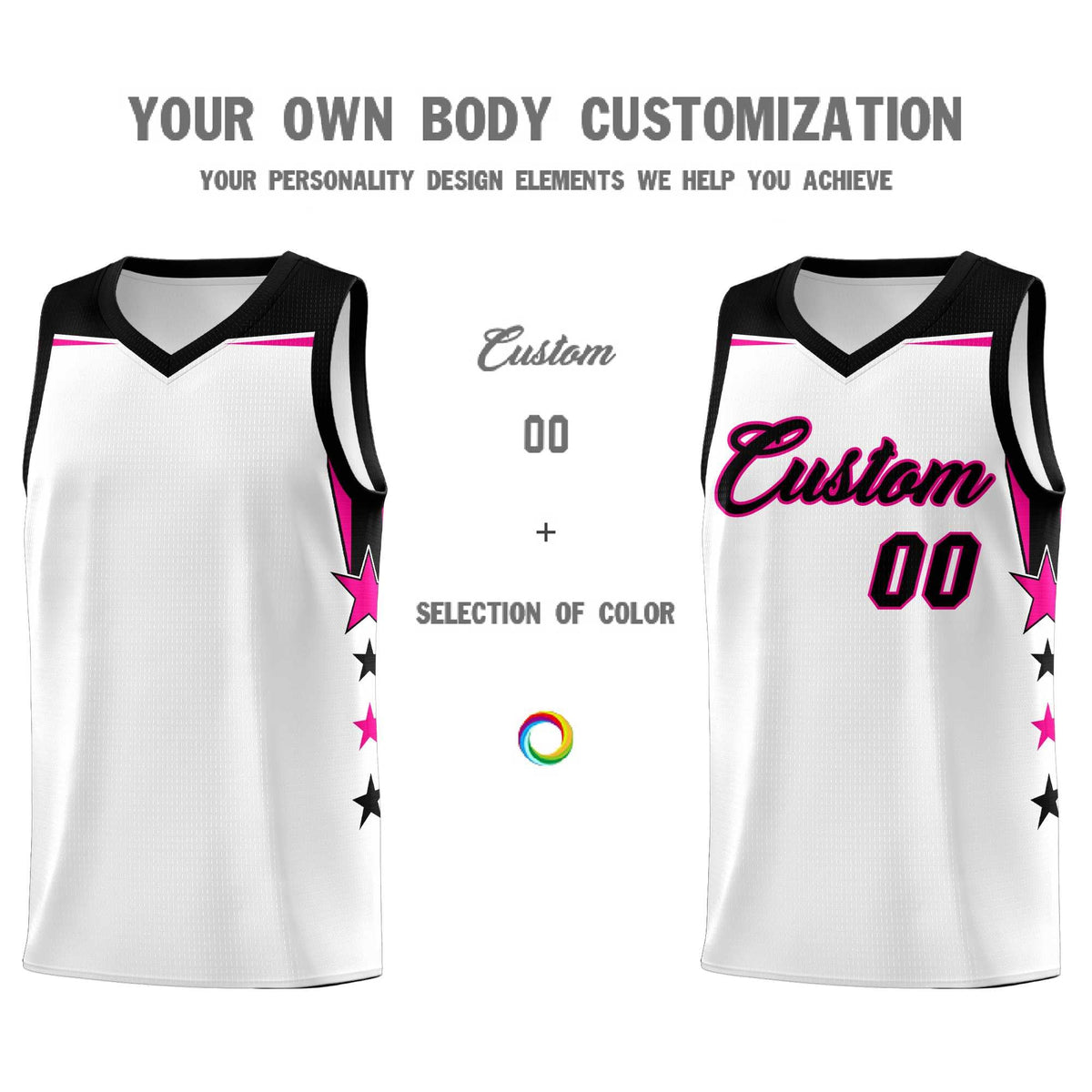 Custom Youth Basketball Uniform White Black Two Tone Side Star Add Name Number &amp; Logo