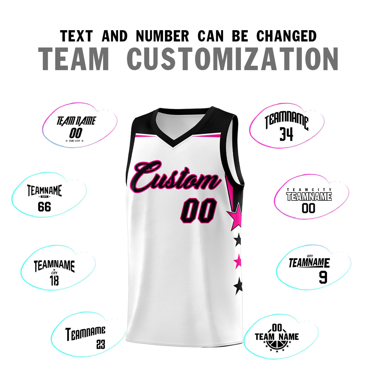 Custom Youth Basketball Uniform White Black Two Tone Side Star Add Name Number &amp; Logo