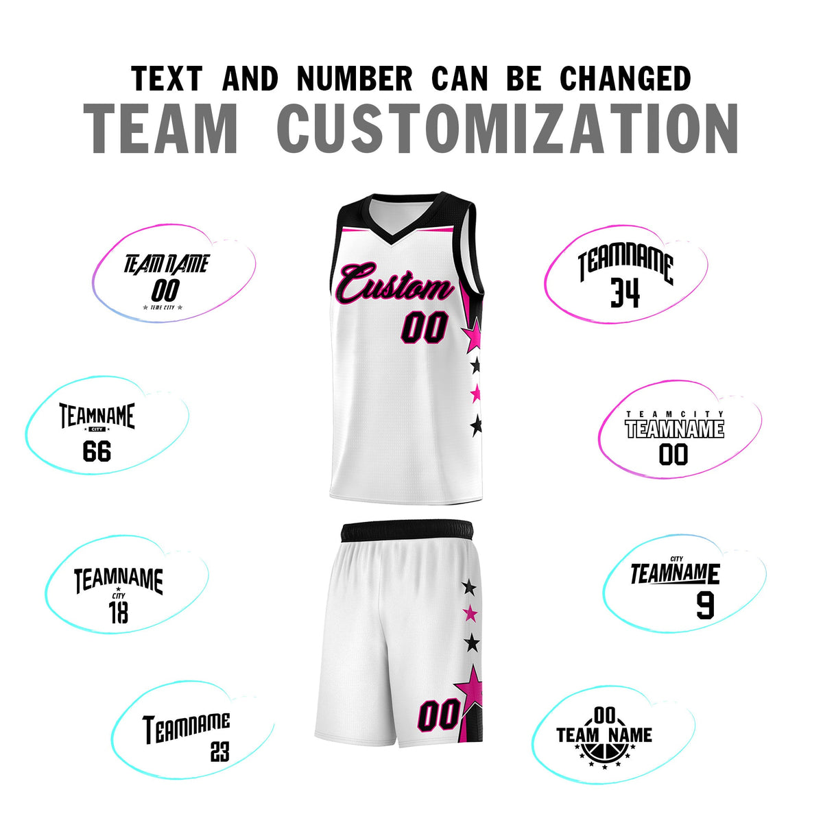 Custom Youth Basketball Uniform White Black Two Tone Side Star Add Name Number &amp; Logo